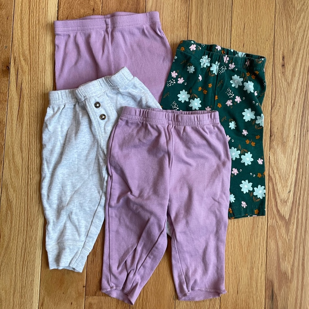 4 pairs 3-6 month grey, purple, and green Carter’s pants